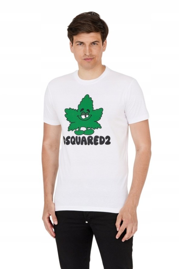 DSQUARED2 Biały t-shirt z zielonym liściem