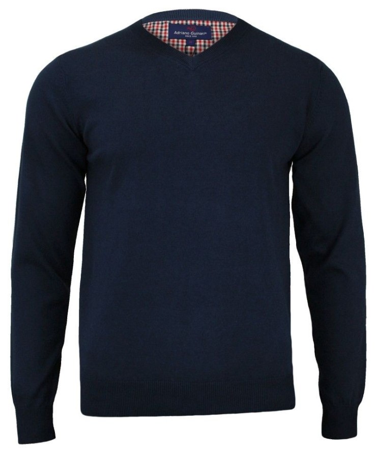 Sweter w Serek (V-neck) Granatowy Męski, 100% Bawełna, Elegancki - Adriano Guinari