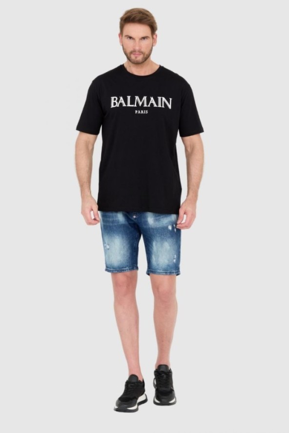 BALMAIN Czarny męski t-shirt z wypukłym gumowym logo