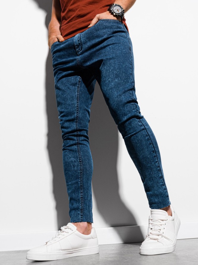 Męskie spodnie jeansowe marmurkowe z surowo wykończoną nogawką SLIM FIT - ciemnoniebieskie V4 OM-PADP-0146 - S