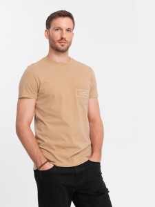 Męski bawełniany t-shirt z nadrukiem na kieszonce Ombre Streetstyle – piaskowy V6 OM-TSCT-0108 - XXL