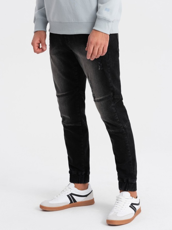 Spodnie męskie marmurkowe JOGGERY z przetarciami - czarne V2 OM-PADJ-0153 - XXL