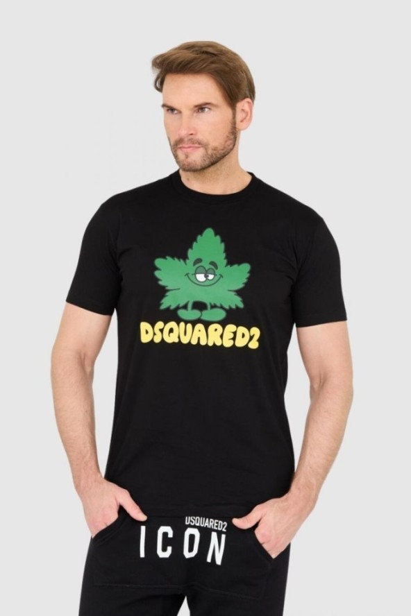 DSQUARED2 Czarny t-shirt z logo i zielonym liściem