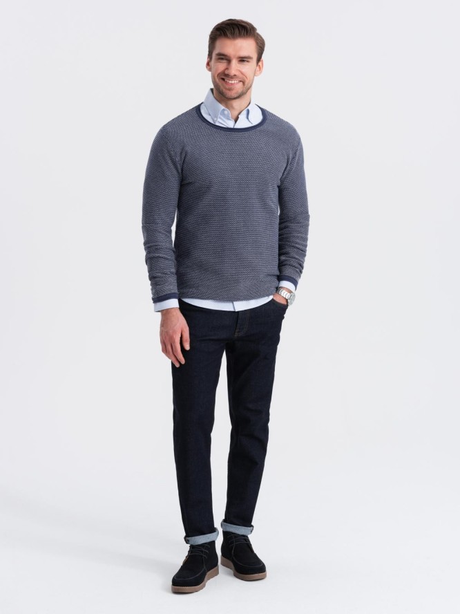 Męski dzianinowy sweter w strukturalne kropki – granatowy V1 OM-SWSW-0118 - XXL