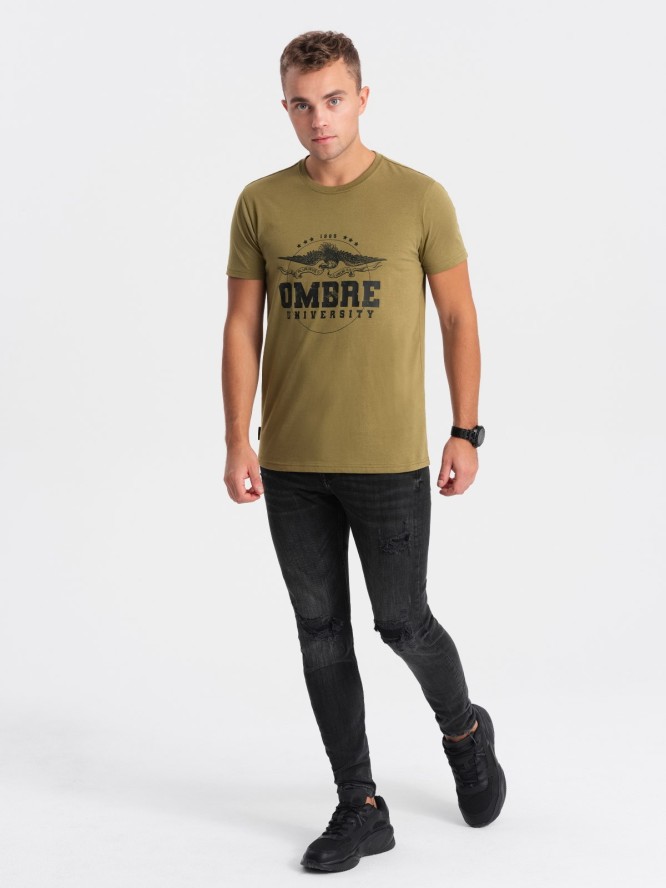 T-shirt męski bawełniany z printem militarnym - khaki V2 OM-TSPT-0164 - XXL