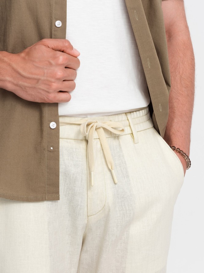 Podwijane męskie spodnie chino z dodatkiem lnu – kremowe V2 OM-PACP-0198 - XXL