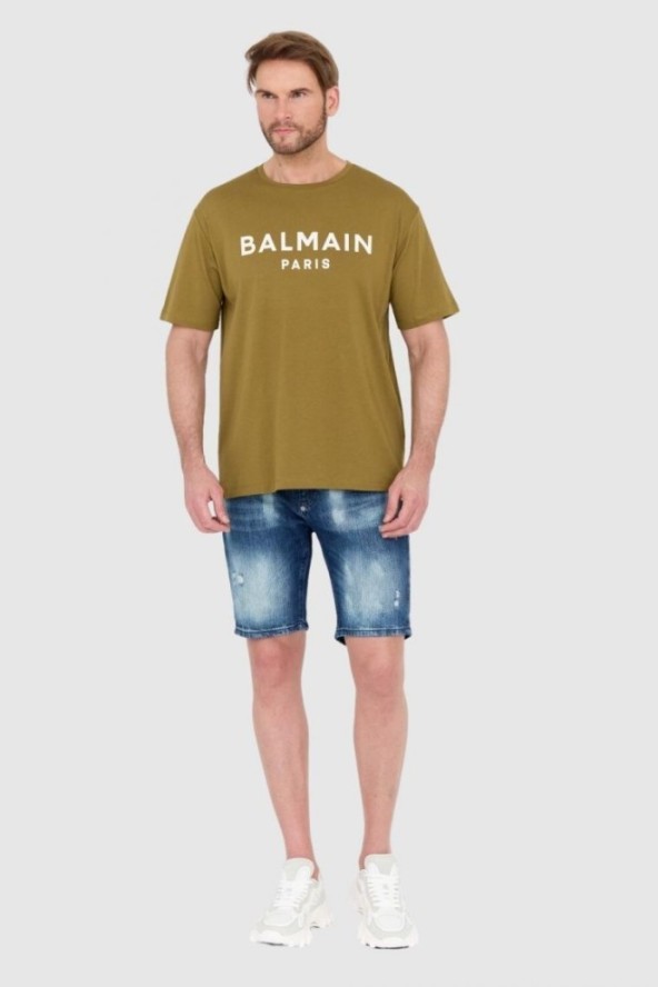 BALMAIN Zielony t-shirt męski z drukowanym białym logo