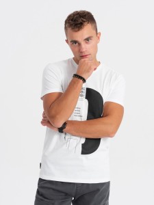 T-shirt męski bawełniany z nadrukiem - biały V1 OM-TSPT-0166 - XXL