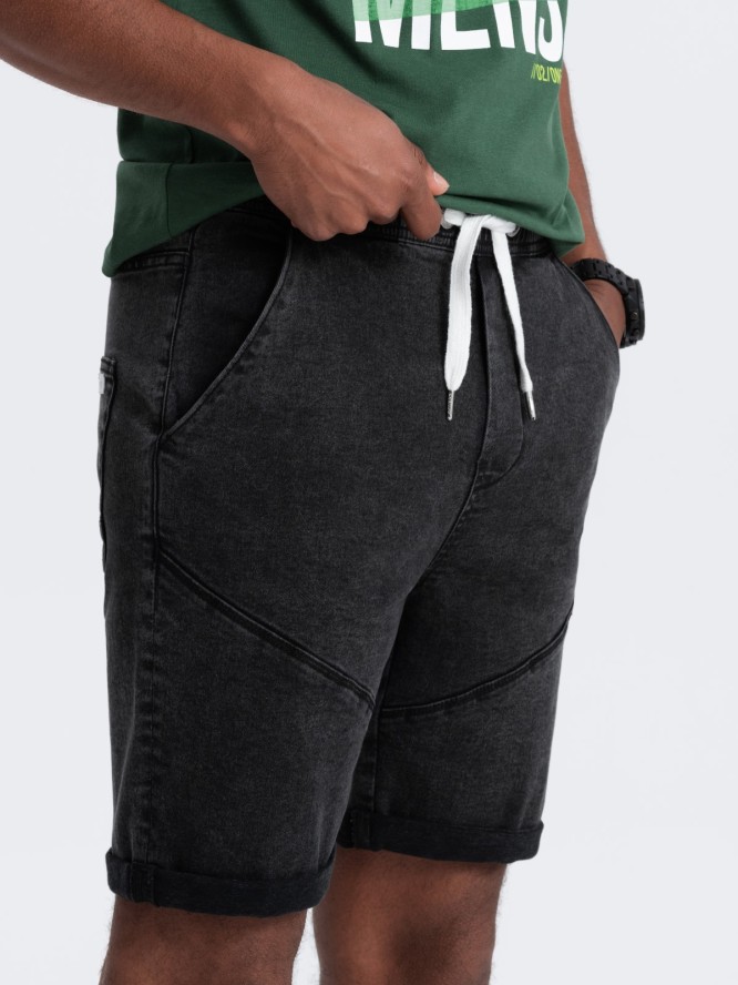 Podwinięte męskie jeansowe krótkie spodenki z przeszyciami – czarne V2 OM-SRDS-0101 - XXL
