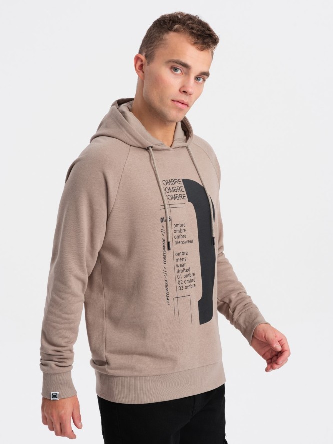 Męska bluza z nadrukiem HOODIE - ciemnobeżowa V2 OM-SSPS-0152 - XL