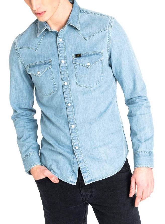 LEE WESTERN SHIRT MĘSKA KOSZULA JEANSOWA Z DŁUGIM RĘKAWEM LOGO HEATHER BLUE L643PLLI