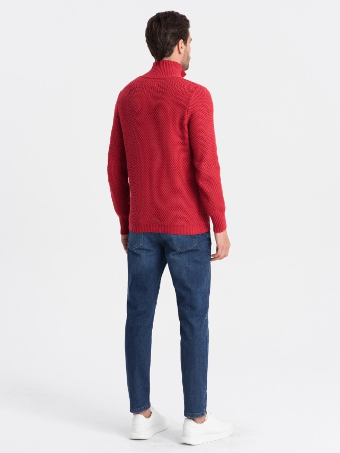 Męski dzianinowy sweter z rozpinaną stójką - czerwony V8 OM-SWZS-0105 - XXL