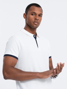 Bawełniana męska koszulka polo z kontrastowymi wykończeniami – biała V1 OM-POSS-0113 - XXL