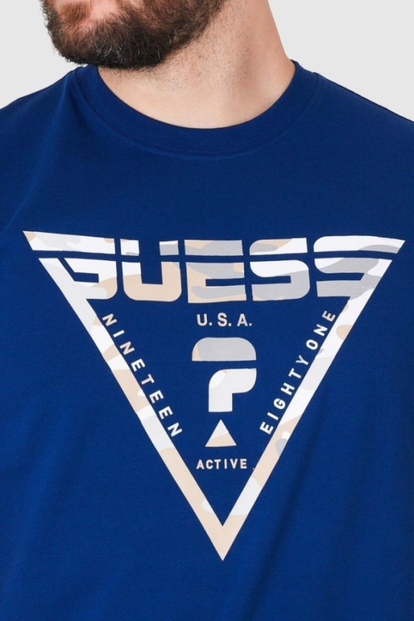 GUESS Granatowy t-shirt męski z logo w moro