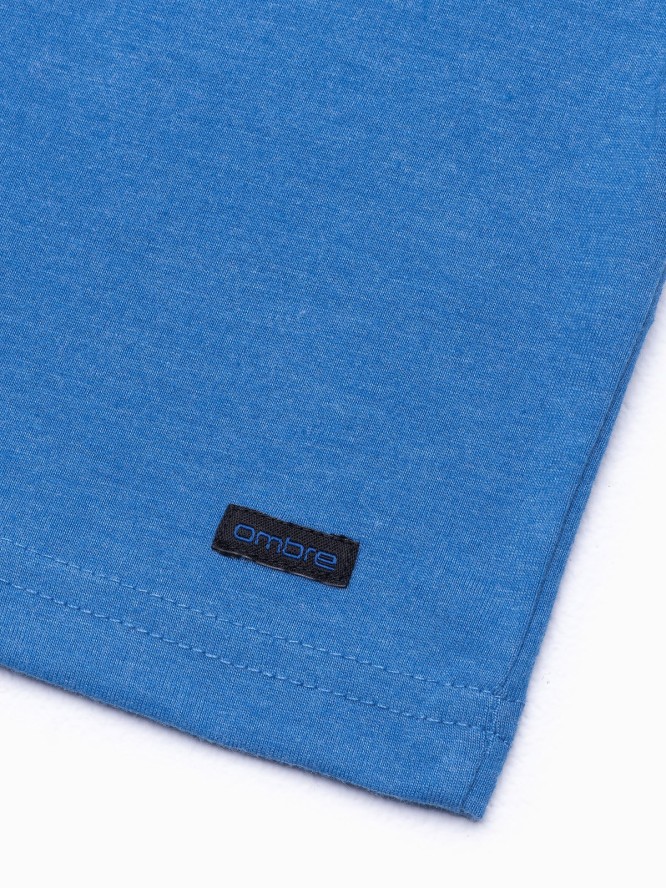 T-shirt męski bez nadruku z guzikami - niebieski melanż V2 S1390 - L