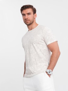 T-shirt męski fullprint w liście palmy - jasnobeżowy V1 OM-TSFP-0182 - XXL
