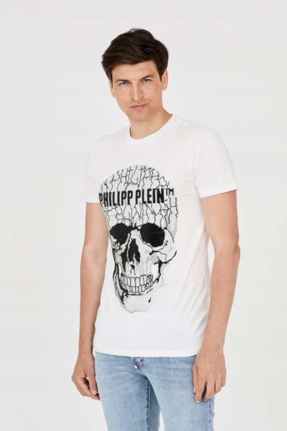 PHILIPP PLEIN T-shirt biały z popękaną czaszką