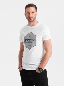 T-shirt męski bawełniany z nadrukiem geometrycznym i logotypem - biały V1 OM-TSPT-0141 - XXL