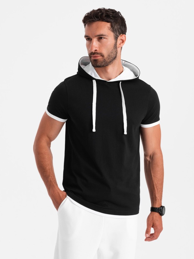 Casualowy męski bawełniany t-shirt z kapturem – czarny V9 OM-TSCT-22SS-001 - XXL