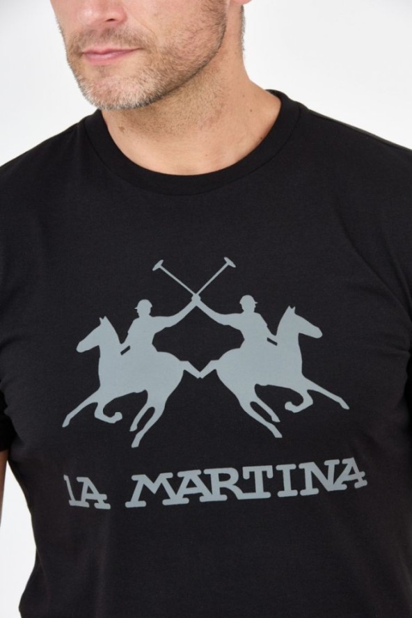 LA MARTINA Czarny t-shirt męski z szarym logo