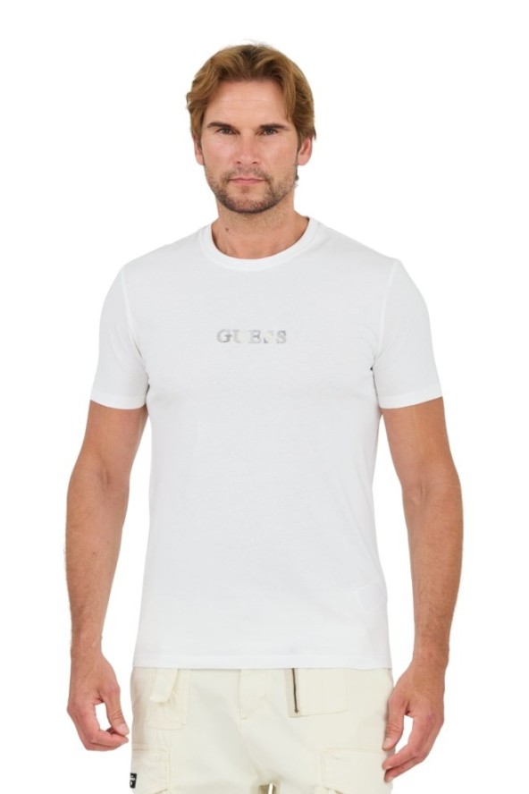 GUESS Biały t-shirt z haftowanym logo