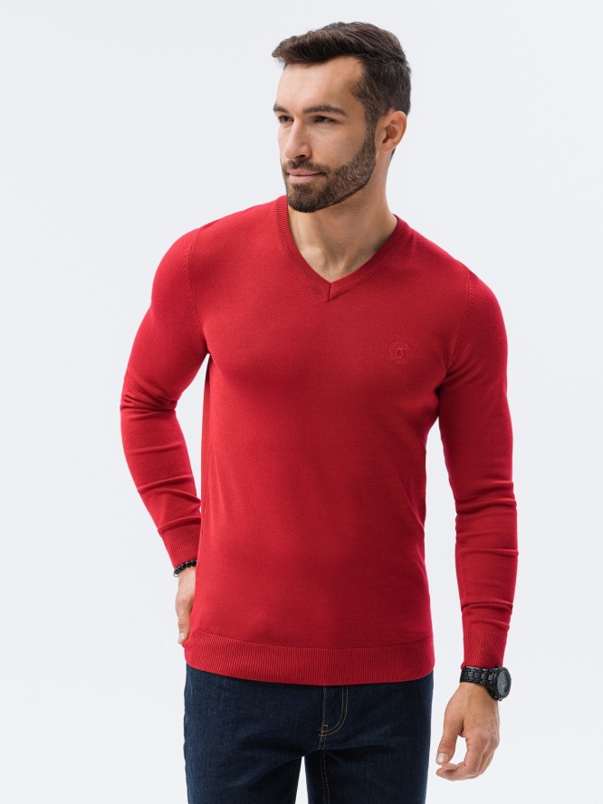 Sweter męski z haftem - czerwony V20 E191 - XL