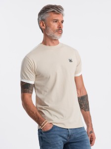 T-shirt męski bawełniany z kontrastującymi wstawkami - kremowy V7 S1632 - XXL