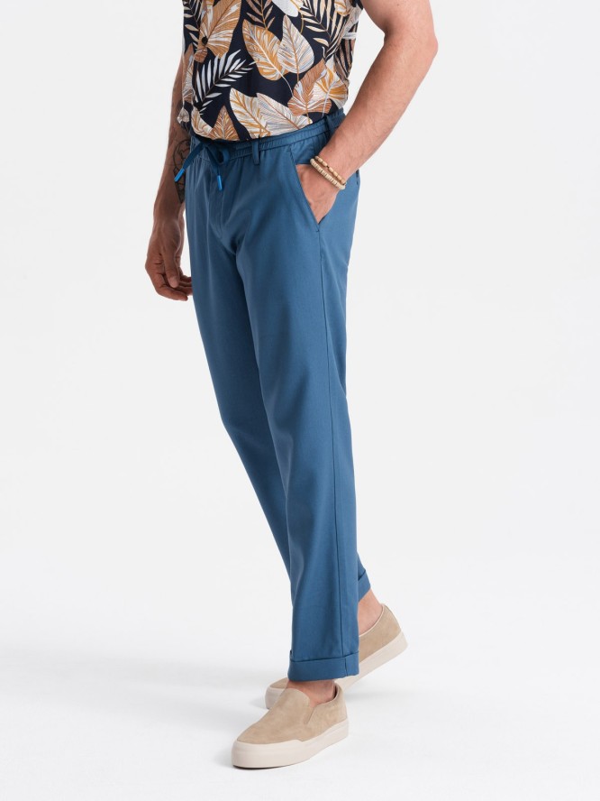 Męskie spodnie podwijane chino z dodatkiem lnu – niebieski denim V5 OM-PACP-0198 - XXL