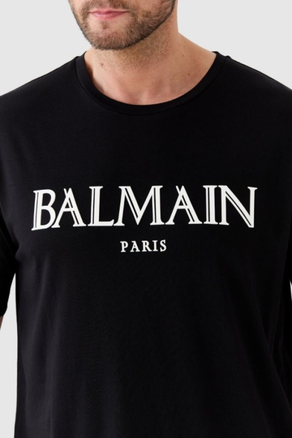 BALMAIN Czarny męski t-shirt z wypukłym gumowym logo