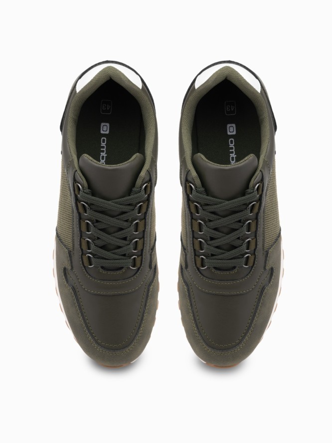 Patchworkowe męskie buty sneakersy z łączonych materiałów – ciemnooliwkowe V4 OM-FOSL-0144 - 45