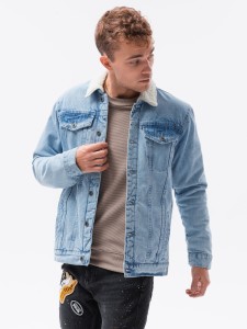 Kurtka męska jeansowa typu sherpa - jasnoniebieska V2 OM-JADJ-0125 - XXL