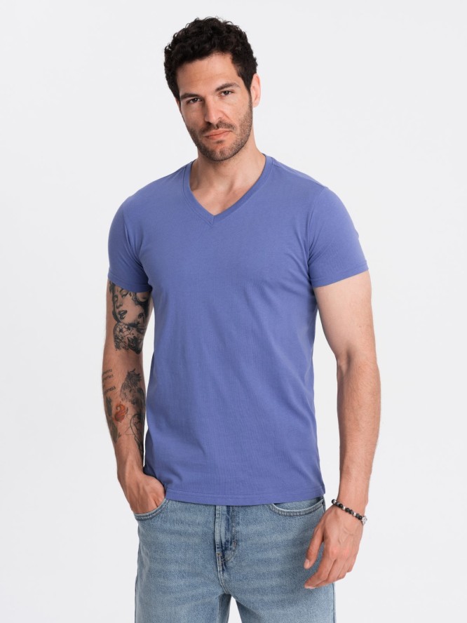 Bawełniana klasyczna męska koszulka z dekoltem w serek BASIC – fioletowa V12 OM-TSBS-0145 - XXL