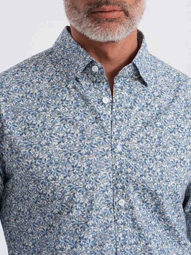 Koszula męska SLIM FIT w print drobnych liści - jasnoniebieska V1 OM-SHPS-0163 - XXL
