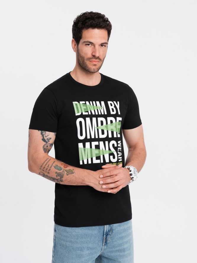 Męski bawełniany t-shirt z dużym napisem – czarny V2 OM-TSPT-0193 - XXL