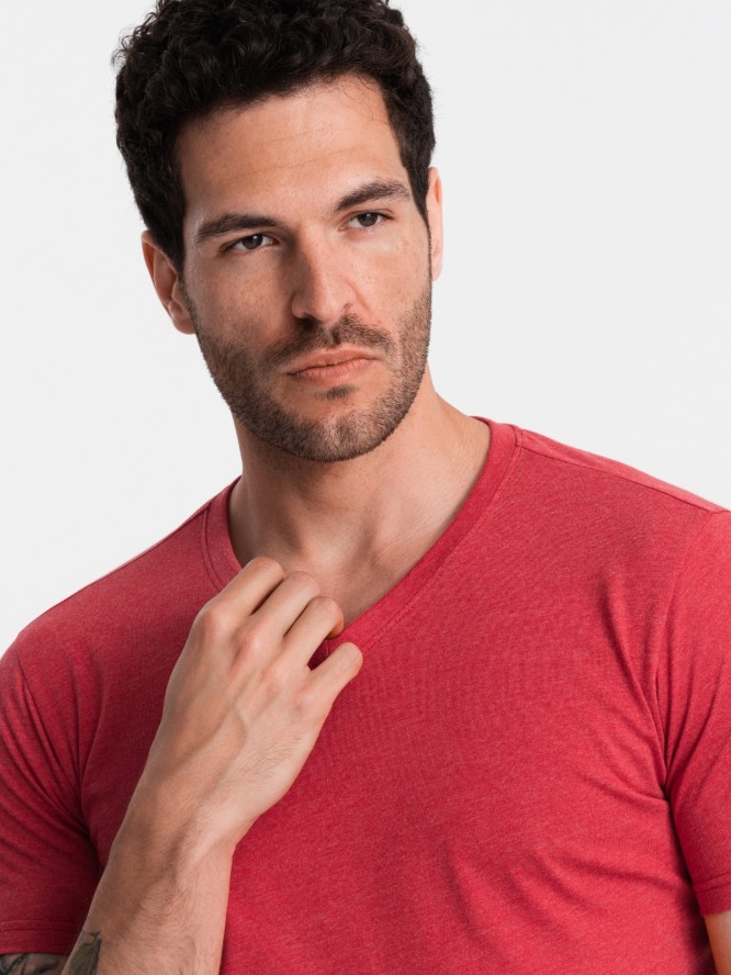 Klasyczna męska bawełniana koszulka z dekoltem w serek BASIC – czerwony melanż V17 OM-TSBS-0145 - XXL
