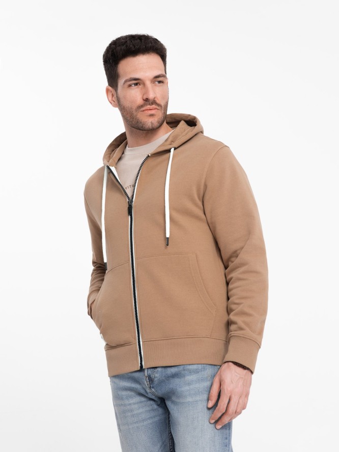 Bluza męska dresowa BASIC rozpinana z kapturem - brązowa V2 OM-SSBZ-0178 - XXL