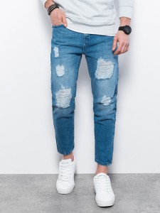 Męskie spodnie jeansowe taper fit z dziurami - niebieskie V3 P1028 - XXL