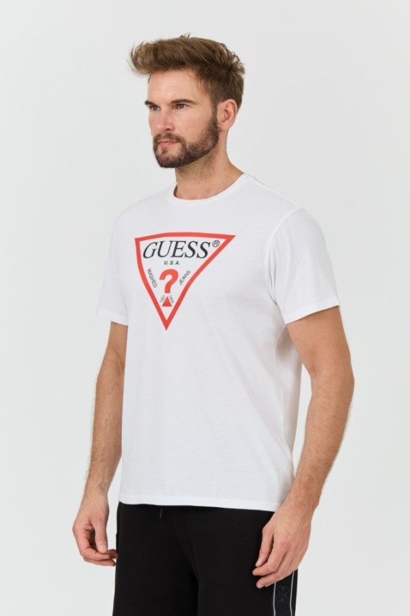 GUESS Biały t-shirt z dużym logo Clsc Tri Logo