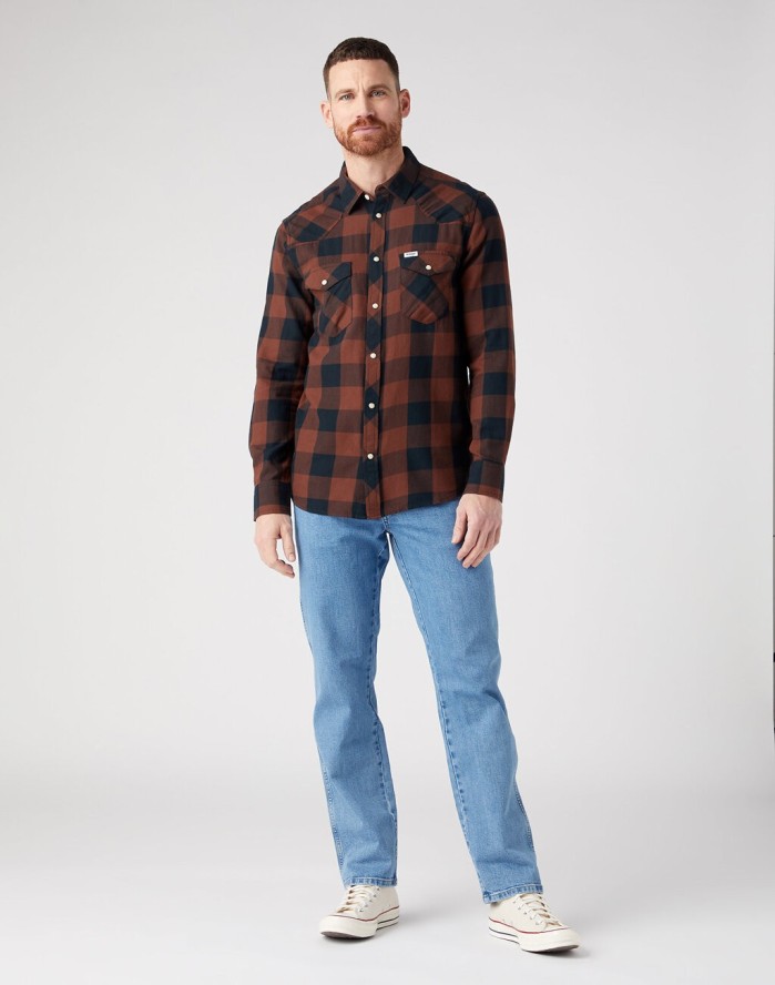 WRANGLER LS WESTERN SHIRT MĘSKA KOSZULA Z DŁUGIM RĘKAWEM W KRATĘ KRATA POTTING SOIL W5566VH44