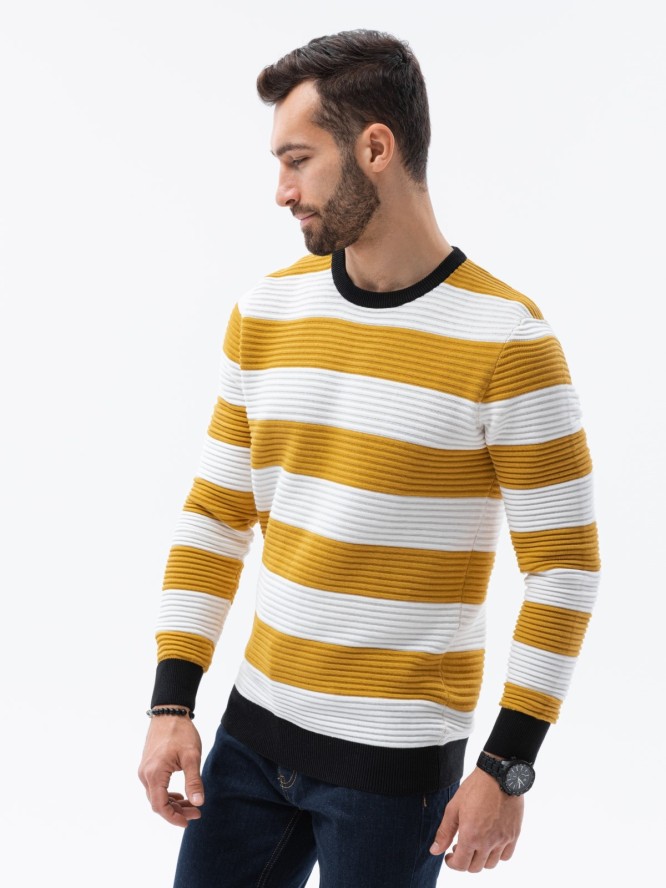 Sweter męski w paski - musztardowy V2 E189 - XXL