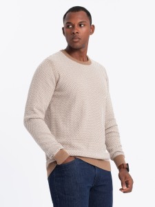 Sweter męski dzianinowy RELAXED FIT we wzory – jasnobrązowy V3 OM-SWSW-0111 - XXL