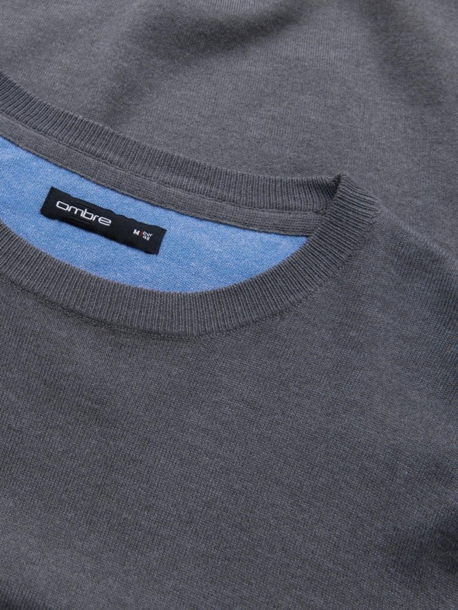 Klasyczny sweter męski z wiskozą BASIC z okrągłym dekoltem – szary melanż V1 OM-SWBS-0106 - XXL