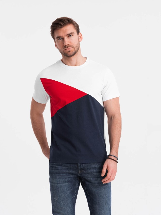 Trójkolorowy t-shirt męski bawełniany - biało-granatowy V3 OM-TSCT-0174 - XXL