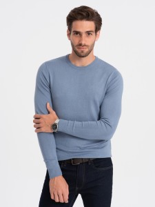 Klasyczny sweter męski z okrągłym dekoltem - jasnoniebieski V10 OM-SWBS-0106 - XXL