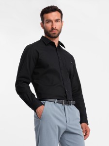 Bawełniana męska koszula z kieszenią REGULAR FIT - czarna V1 OM-SHCS-0147 - XXL