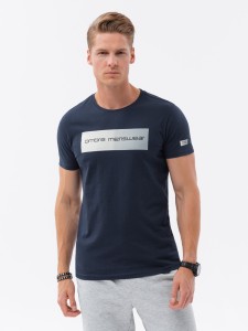 T-shirt męski bawełniany z nadrukiem - granatowy V3 S1751 - XL