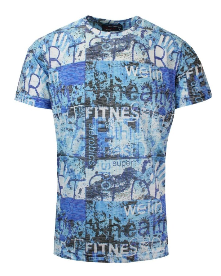 T-Shirt Męski Jasny Niebieski z Kolorowym Nadrukiem, Koszulka, Krótki Rękaw, U-neck