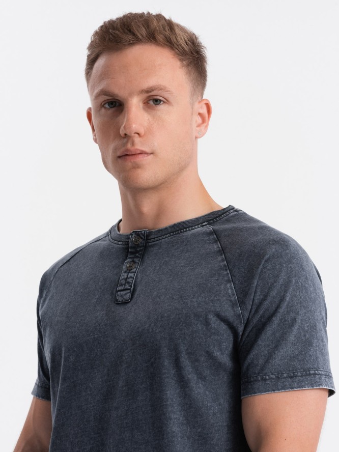 T-shirt męski z dekoltem henley - granatowy V2 S1757 - L