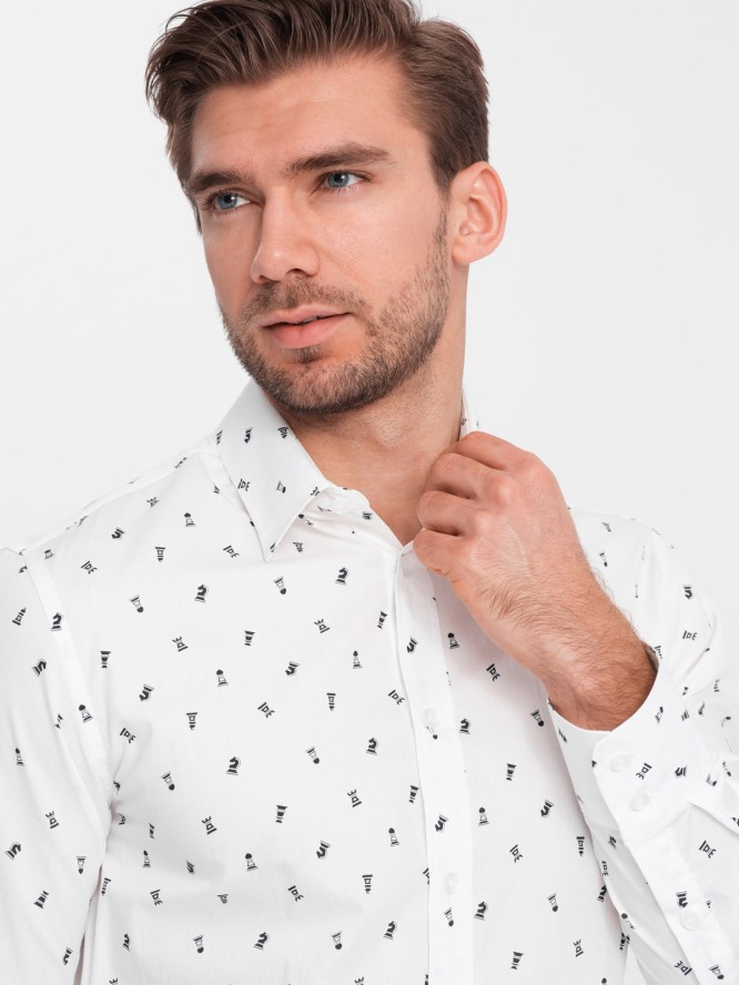 Męska koszula bawełniana we wzory SLIM FIT - biała V2 OM-SHCS-0151 - XXL