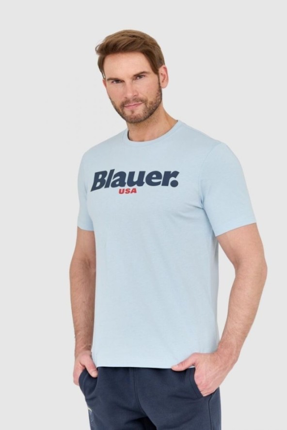 BLAUER Błękitny męski t-shirt z dużym logo